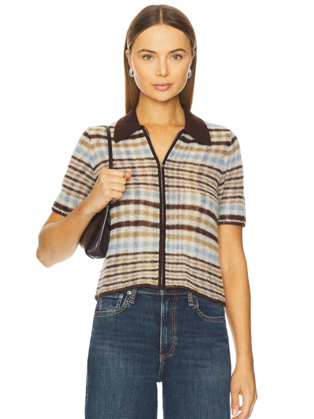 NWT Rag & Bone Leva Short Sleeve Zip Polo Sweater in Ivory Multi